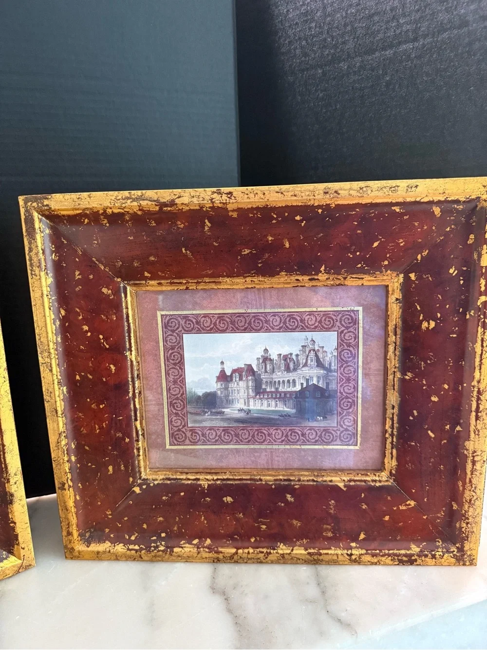 Pair of BritIsh Castle Prints with Solid Thick Burgundy Gold Frames
